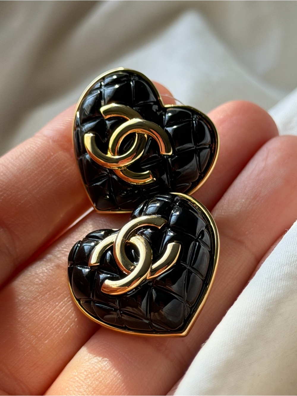CHANEL Black Quilted CC Heart Earrings